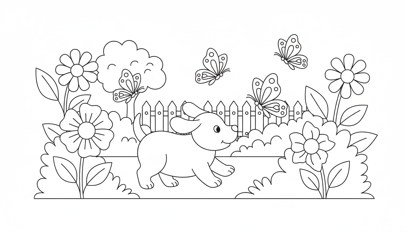 puppy chasing butterflies in the garden coloring page to print