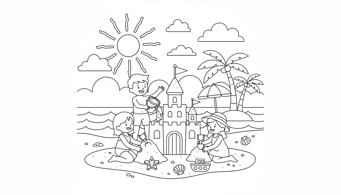Children building sandcastle on the beach coloring page to print