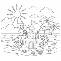 Children building sandcastle on the beach