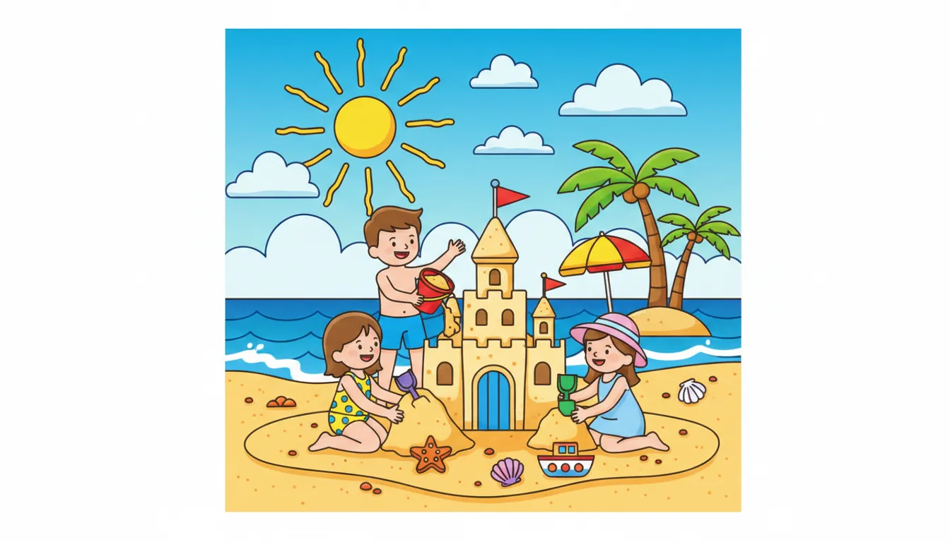 Children building sandcastle on the beach coloring page to print