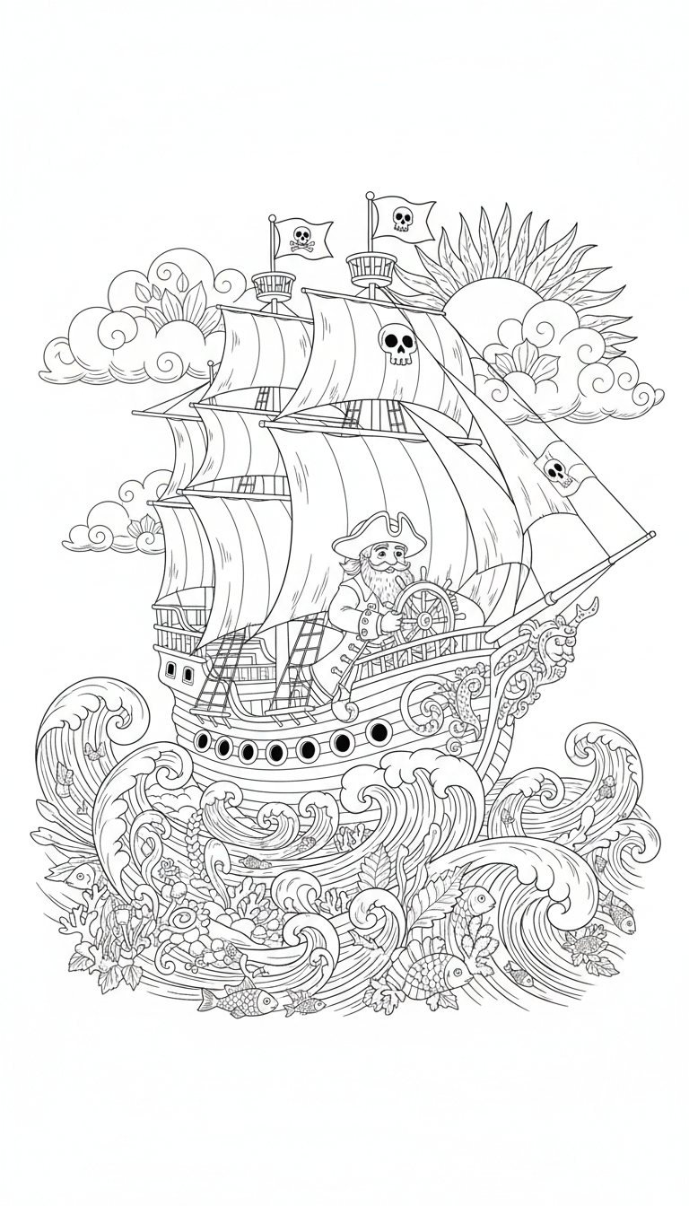 pirate ship sailing on rough seas coloring page to print
