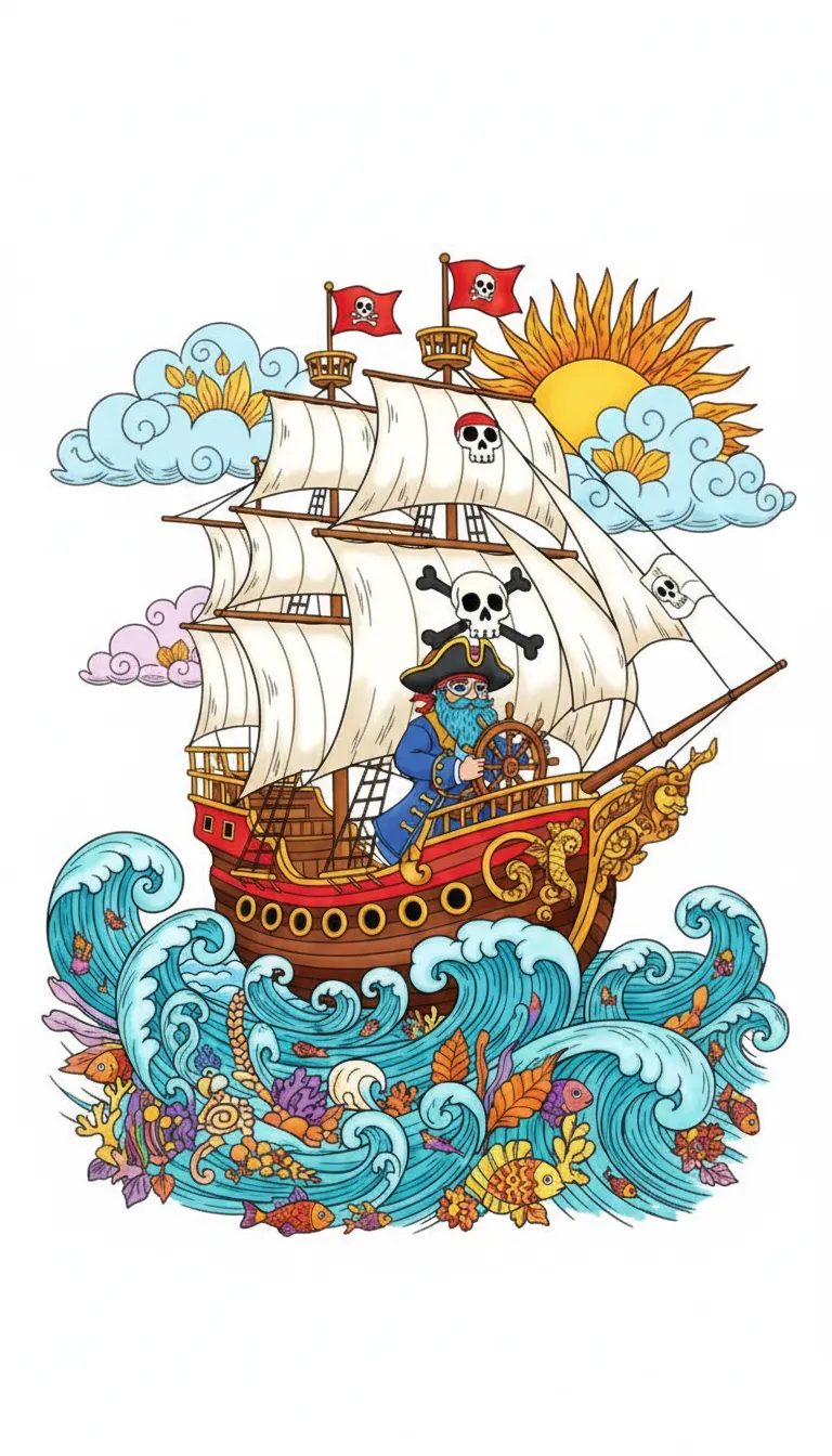 pirate ship sailing on rough seas coloring page to print