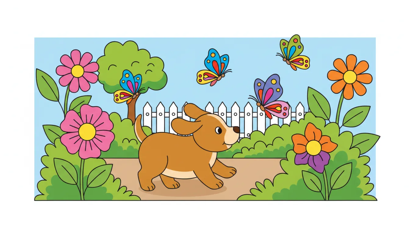 puppy chasing butterflies in the garden coloring page to print