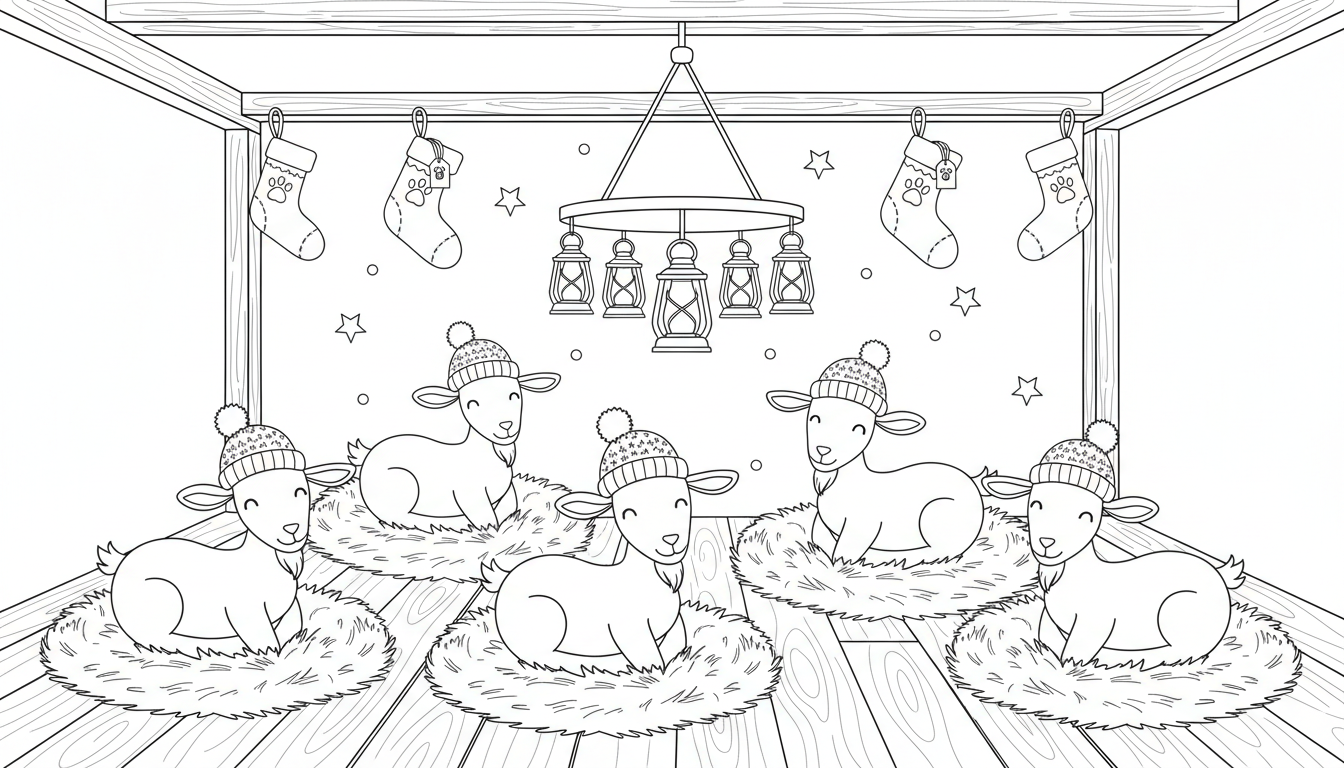 Christmas barn loft sleepover with goats coloring page to print