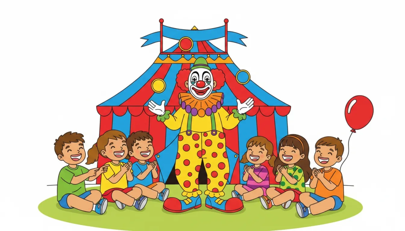Cheerful clown entertaining children at circus coloring page to print