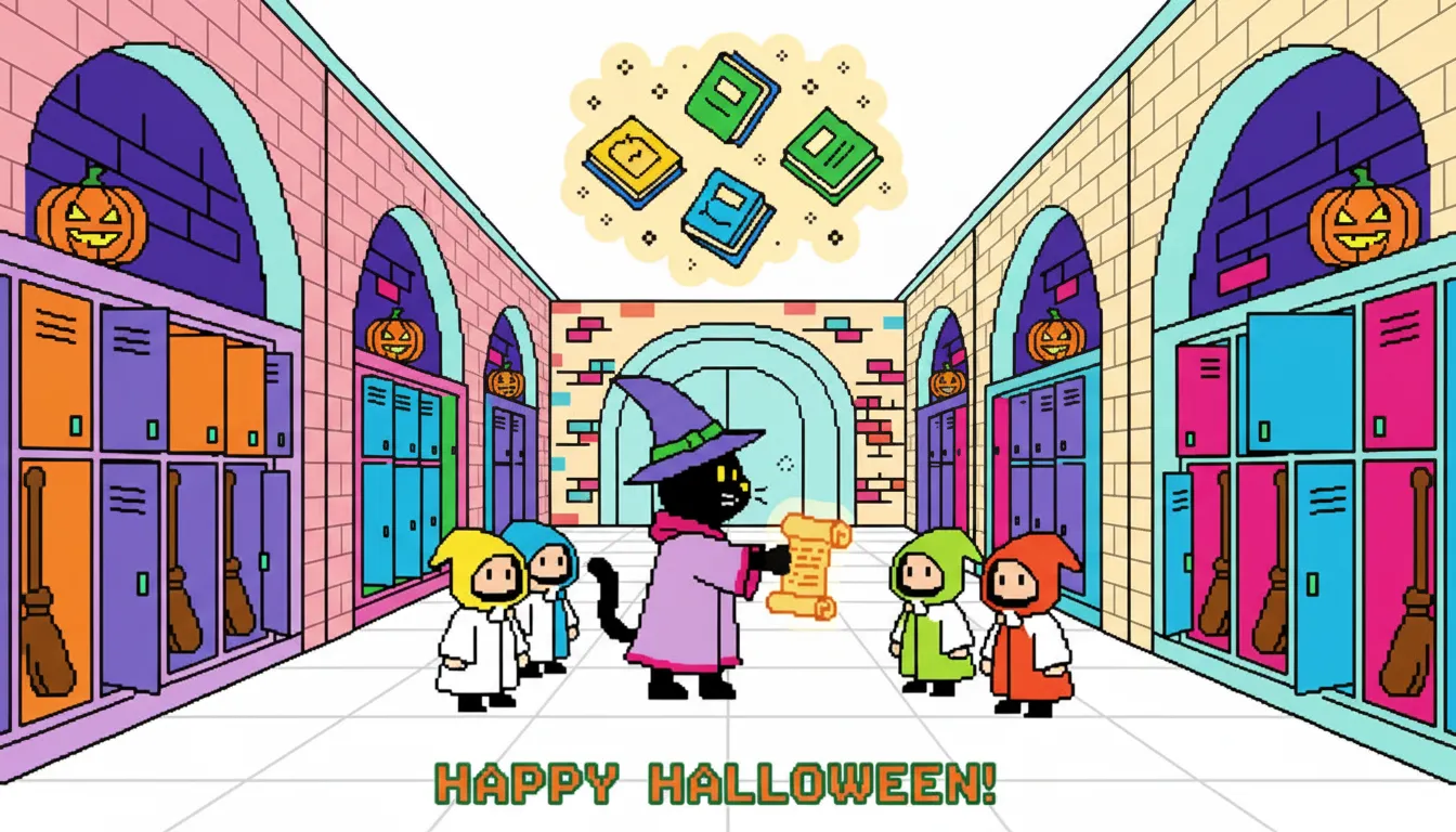 wizard school hallway on Halloween night coloring page to print