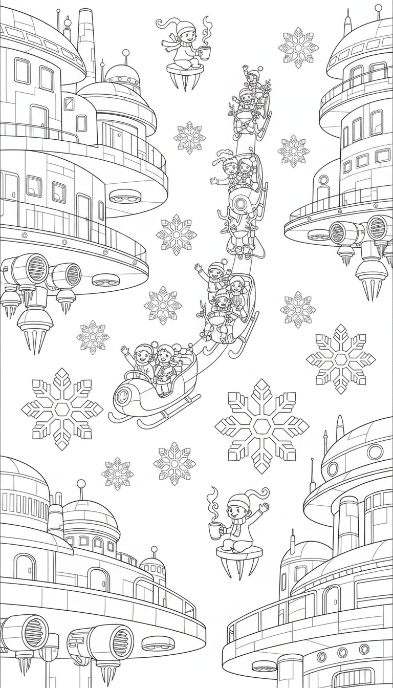 futuristic hovering city with sky sleigh parade coloring page to print