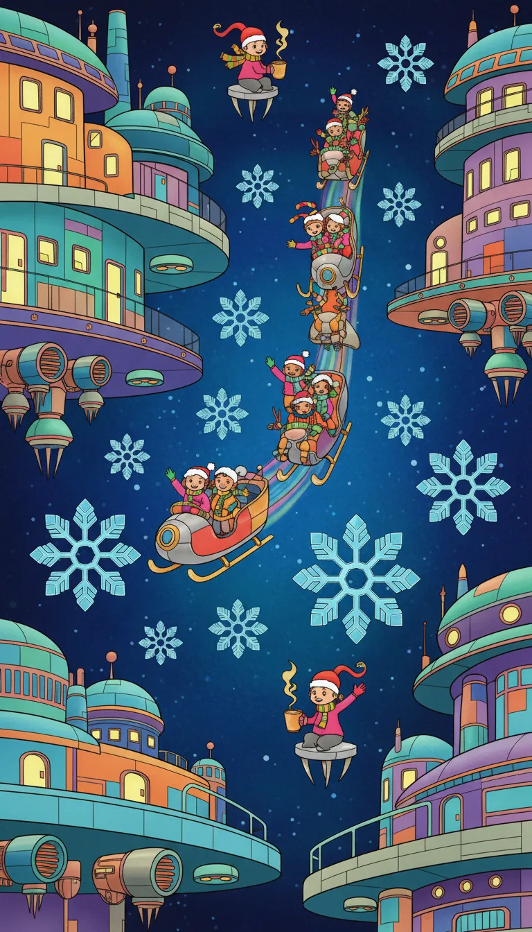 futuristic hovering city with sky sleigh parade coloring page to print