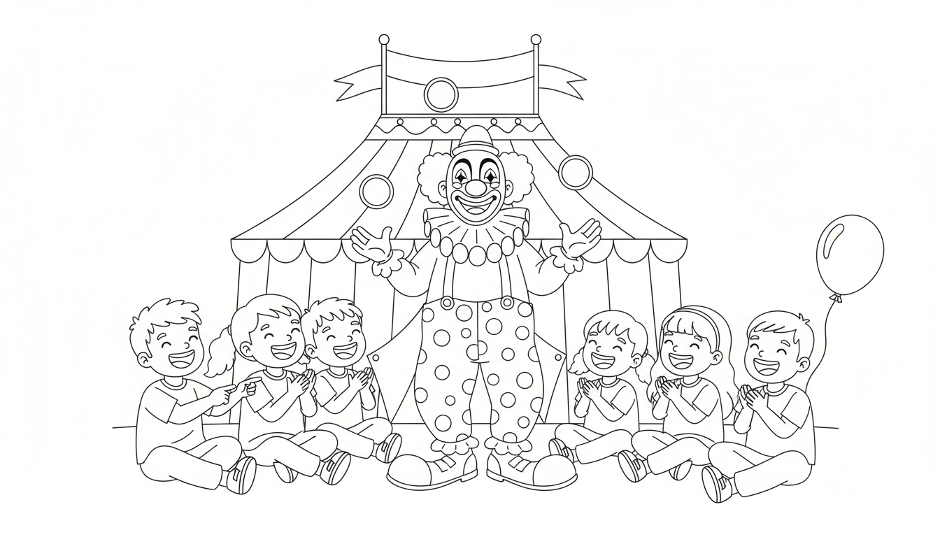 Cheerful clown entertaining children at circus coloring page to print
