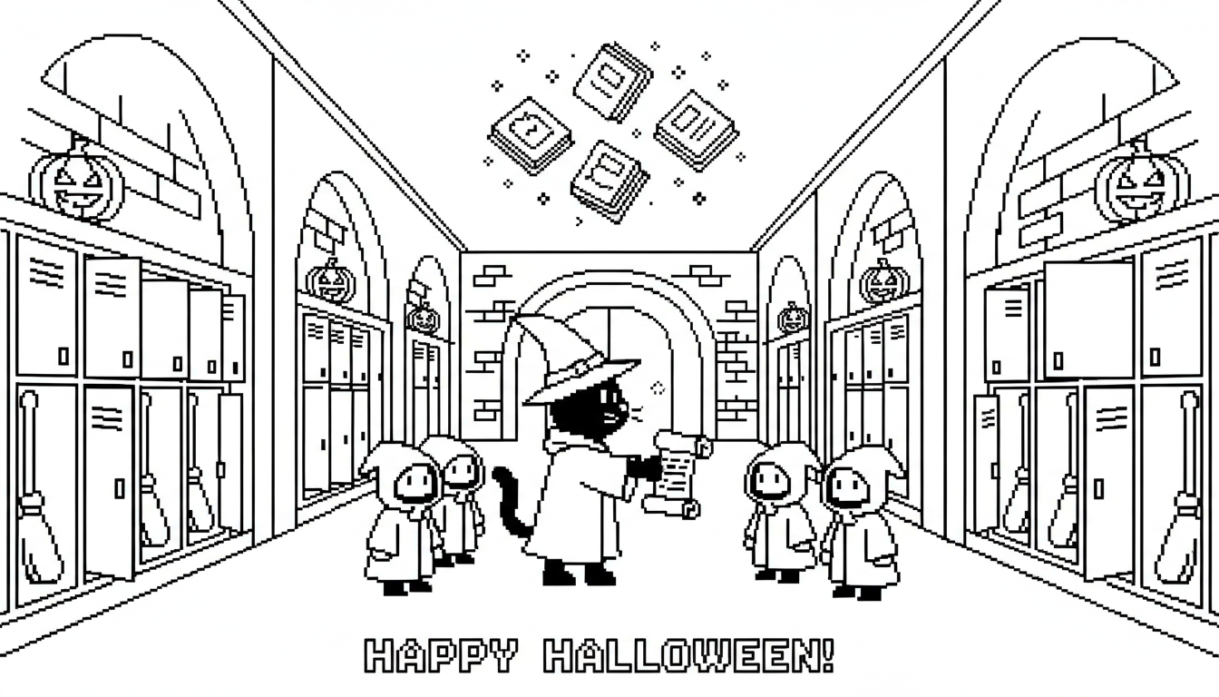 wizard school hallway on Halloween night coloring page to print