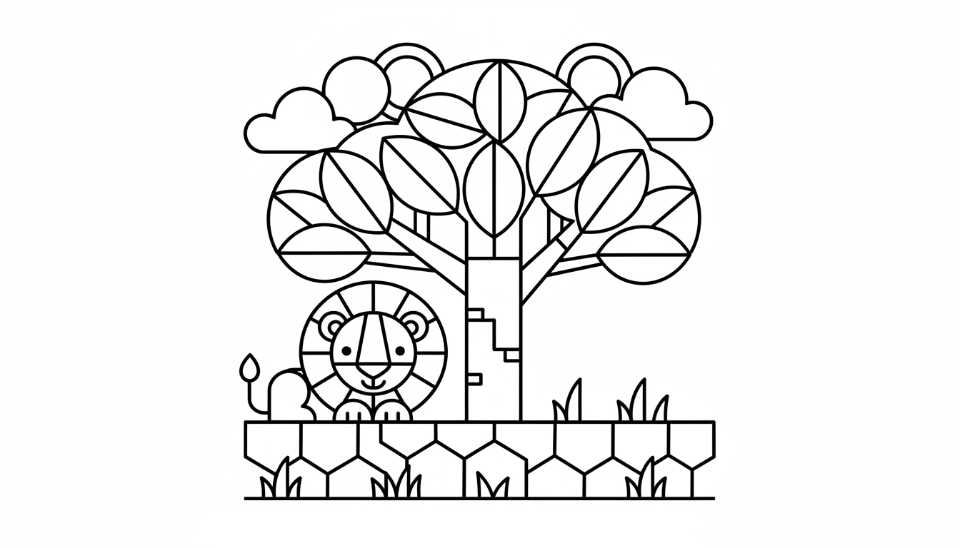 A cute lion cub resting under a shady tree in the savannah. coloring page to print