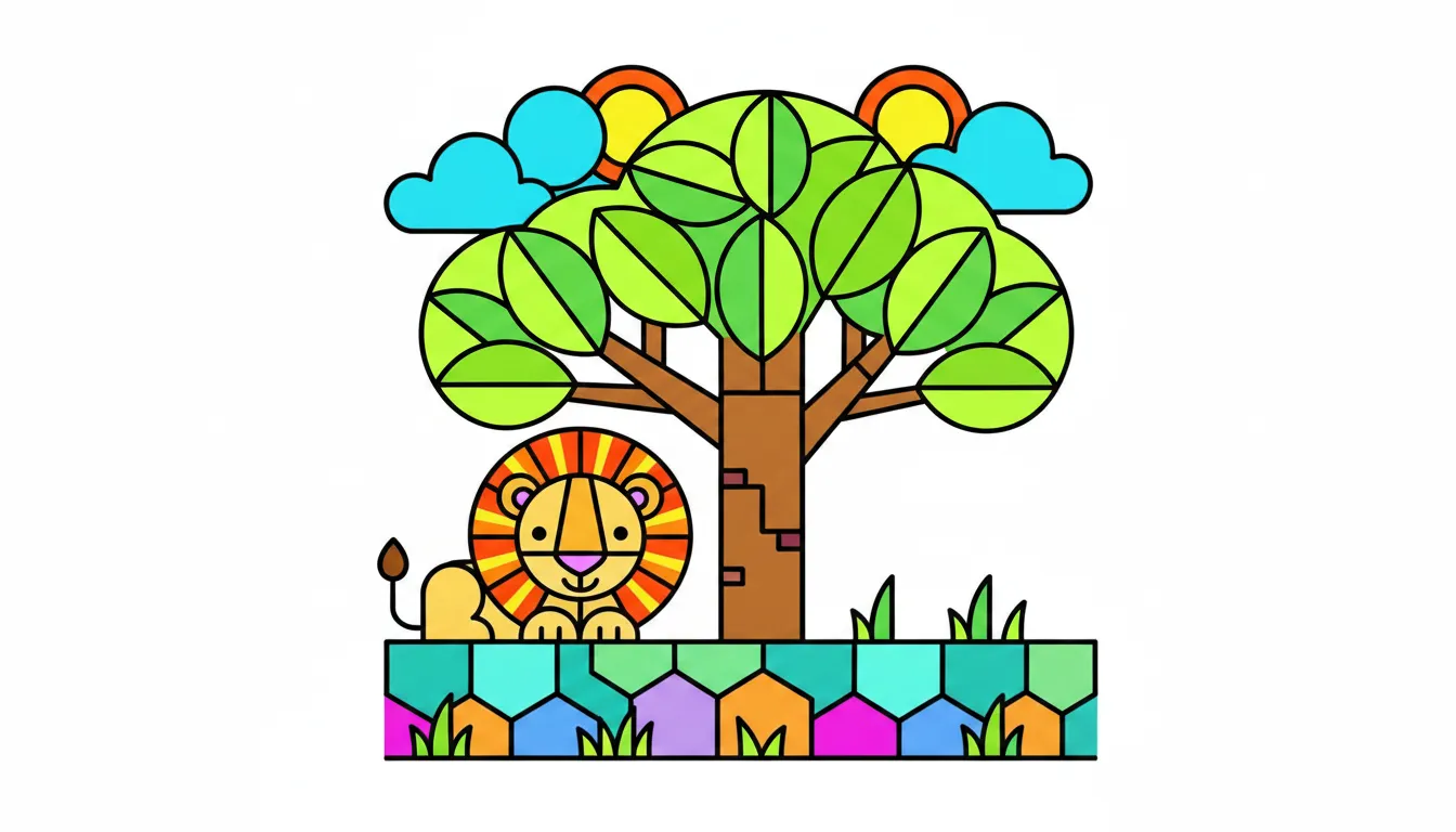 A cute lion cub resting under a shady tree in the savannah. coloring page to print