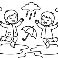 Children jumping in puddles after rain