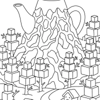 whimsical scene with teapot mountain and sugar cube trees