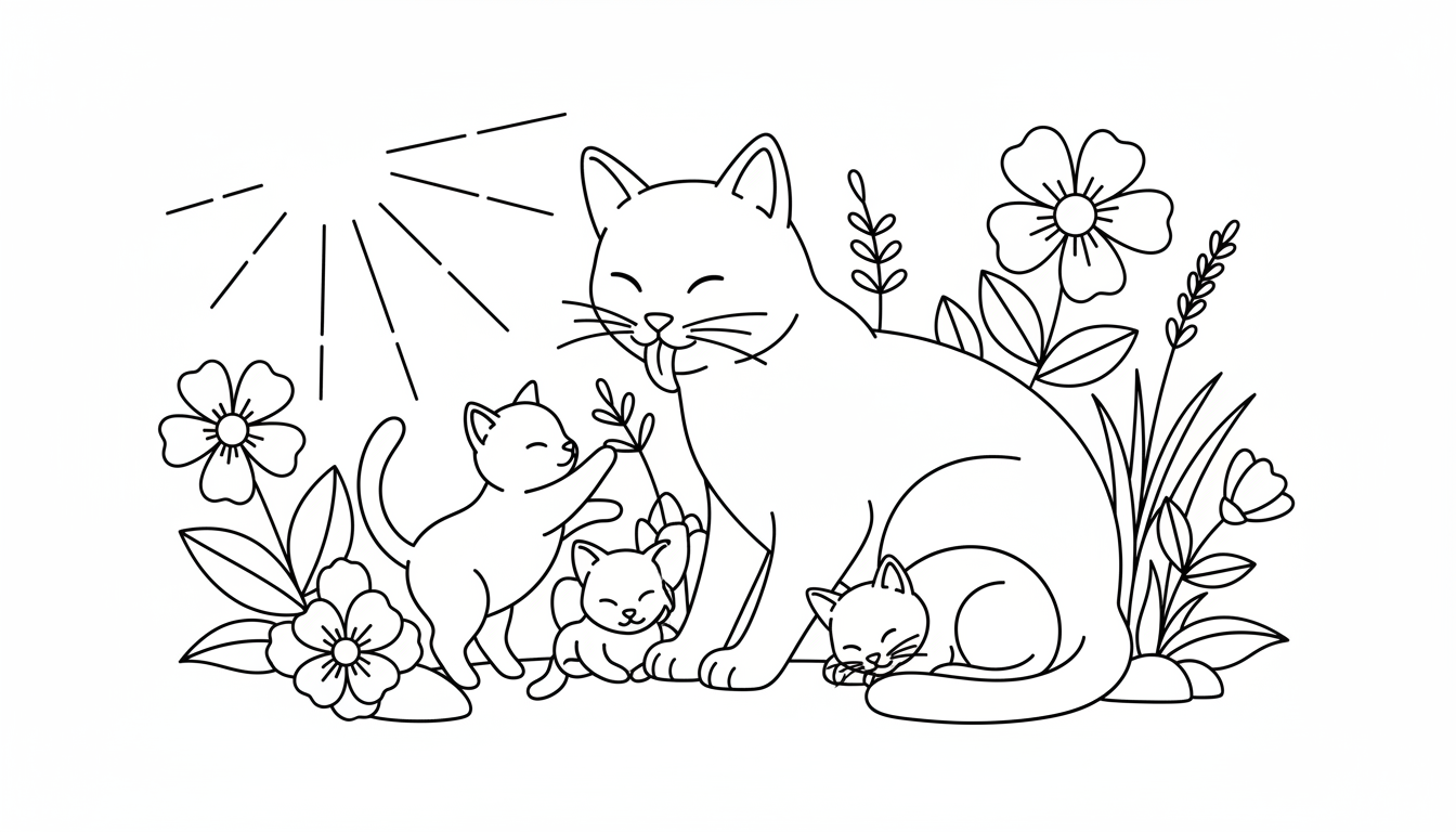 A peaceful scene of a mother cat grooming her kittens in the sun. coloring page to print