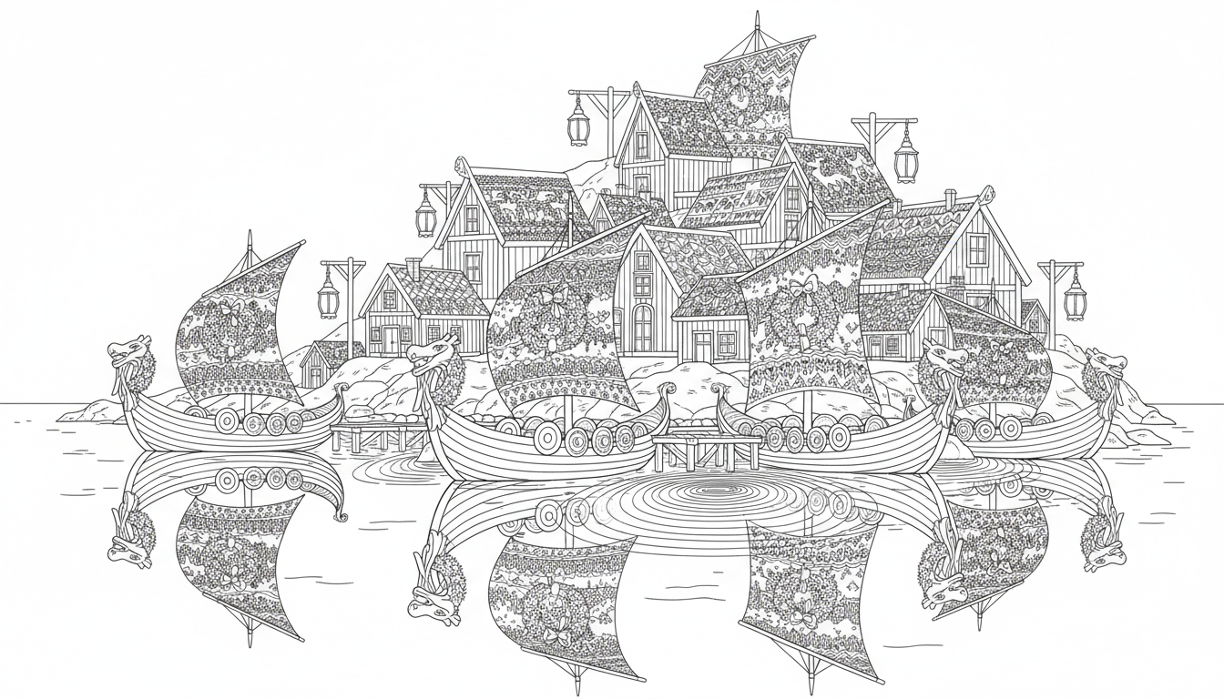 Christmas fjord village with lanterns and wreaths coloring page to print