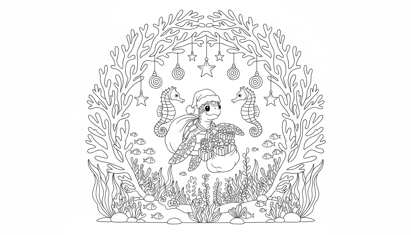underwater christmas reef with turtle and seahorses coloring page to print