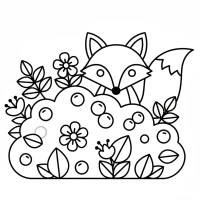 Curious fox peeking behind a bush with berries and flowers