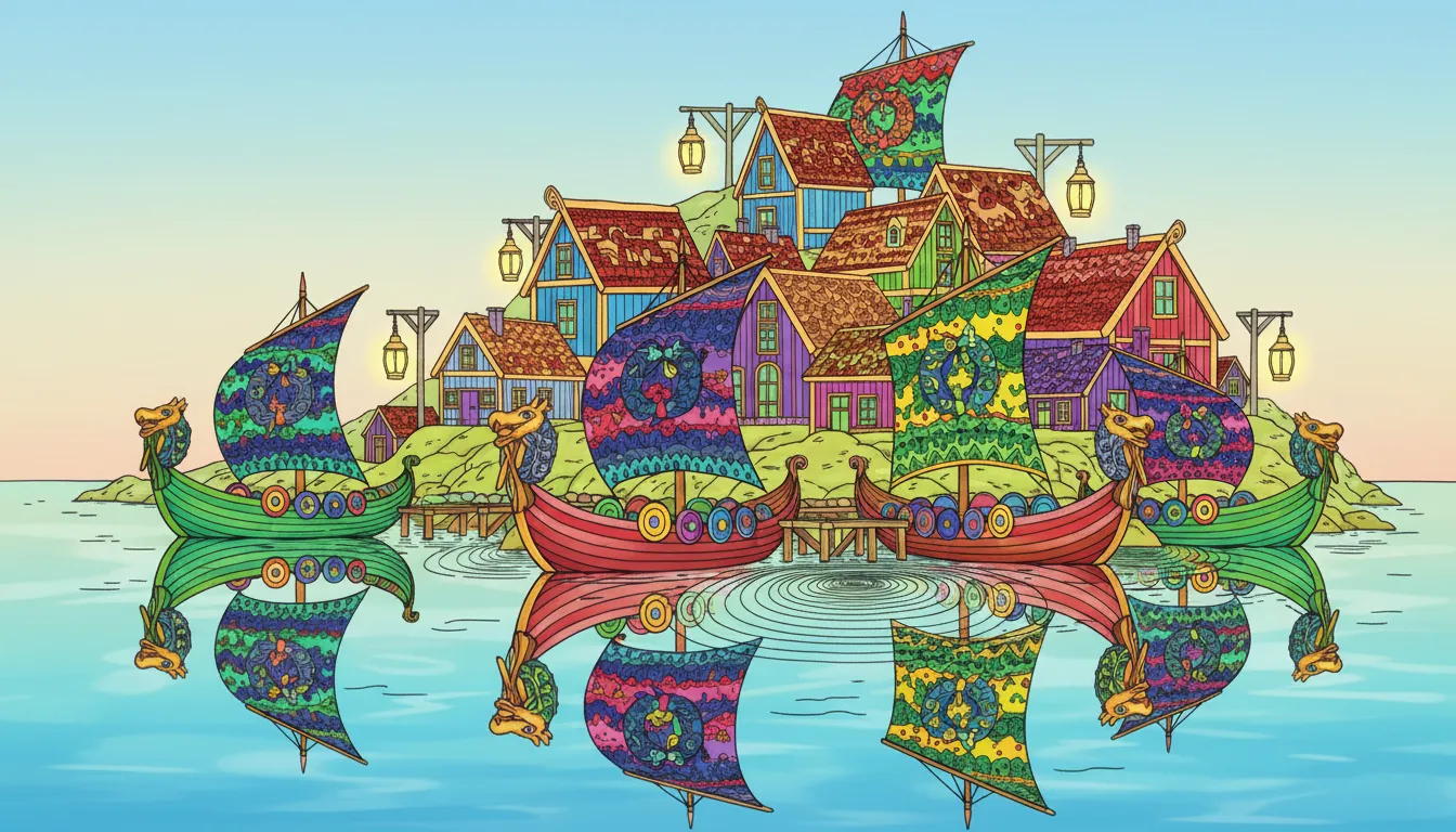 Christmas fjord village with lanterns and wreaths coloring page to print