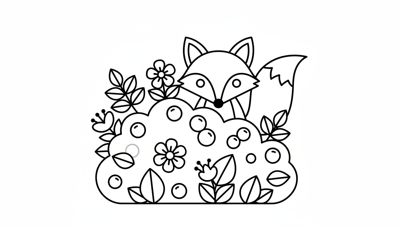 Curious fox peeking behind a bush with berries and flowers coloring page to print