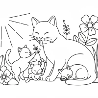 A peaceful scene of a mother cat grooming her kittens in the sun.