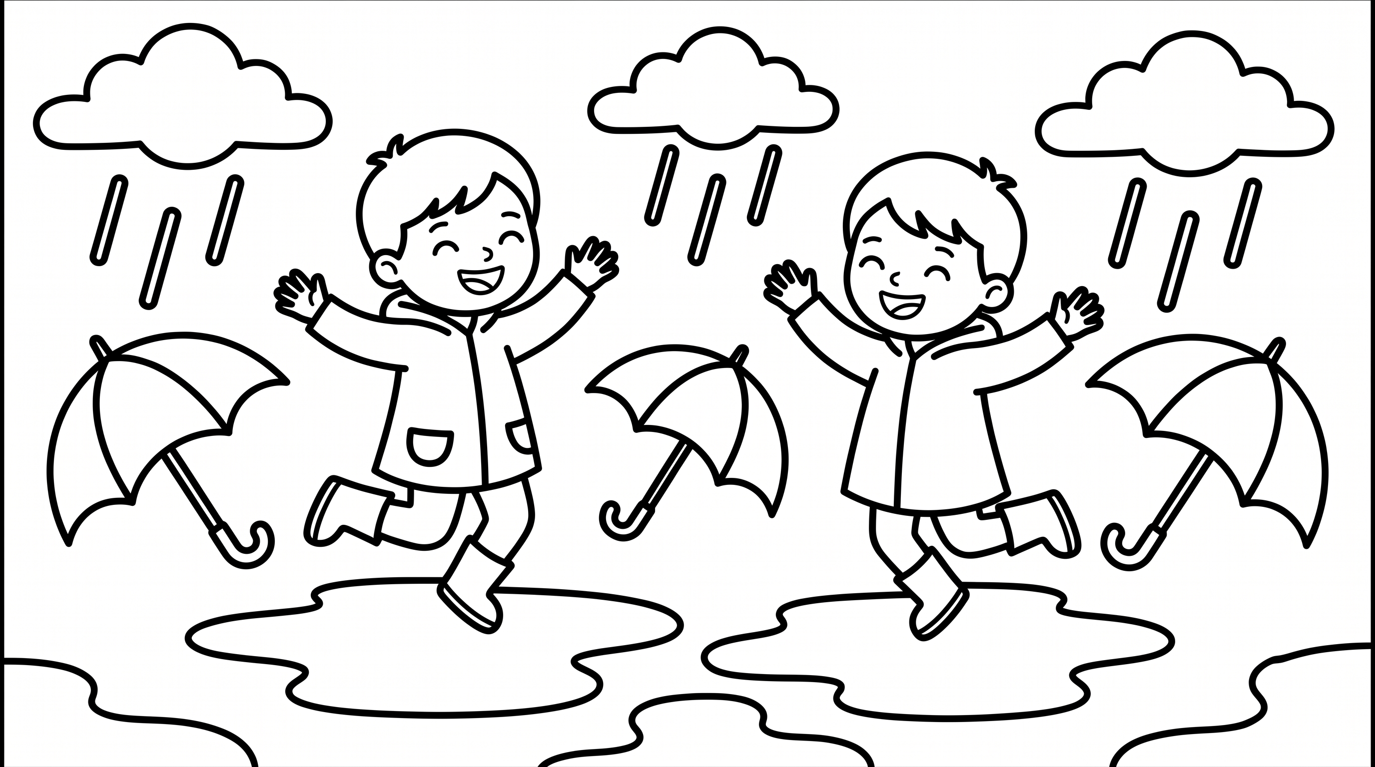 Children jumping in puddles after rain coloring page to print