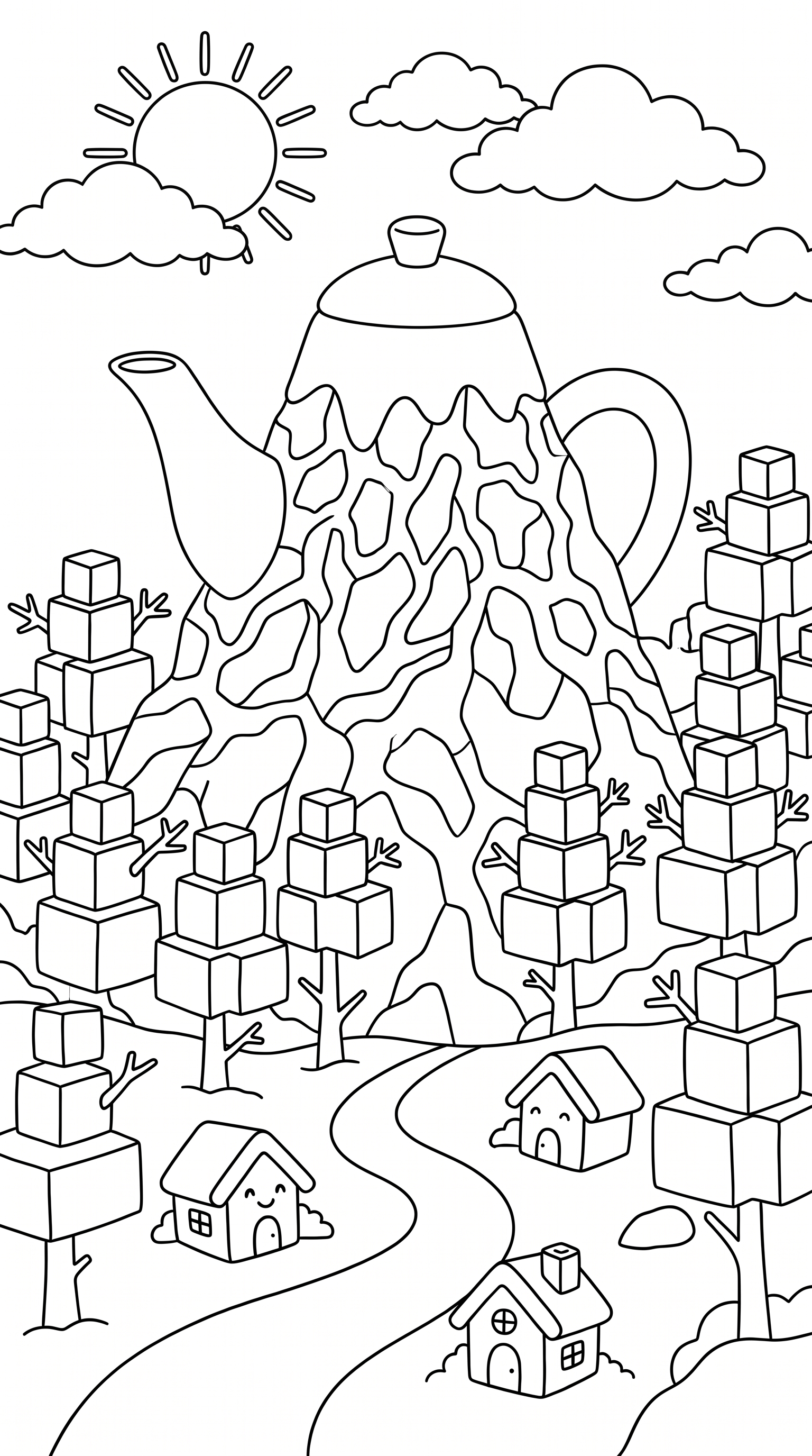 whimsical scene with teapot mountain and sugar cube trees coloring page to print