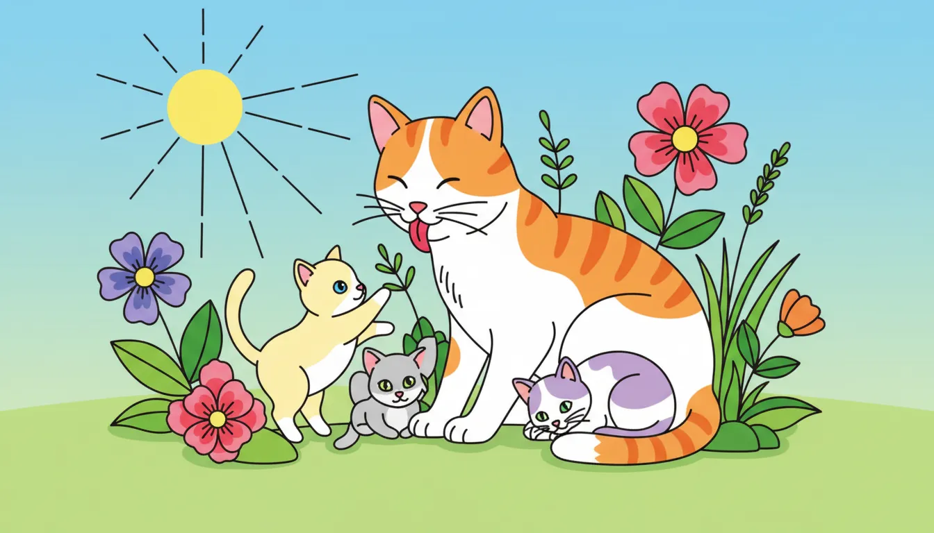 A peaceful scene of a mother cat grooming her kittens in the sun. coloring page to print