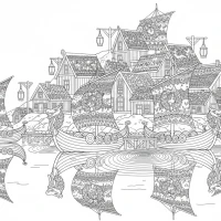 Christmas fjord village with lanterns and wreaths