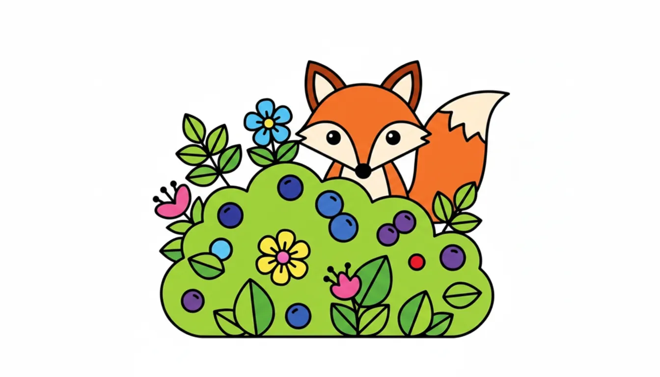 Curious fox peeking behind a bush with berries and flowers coloring page to print
