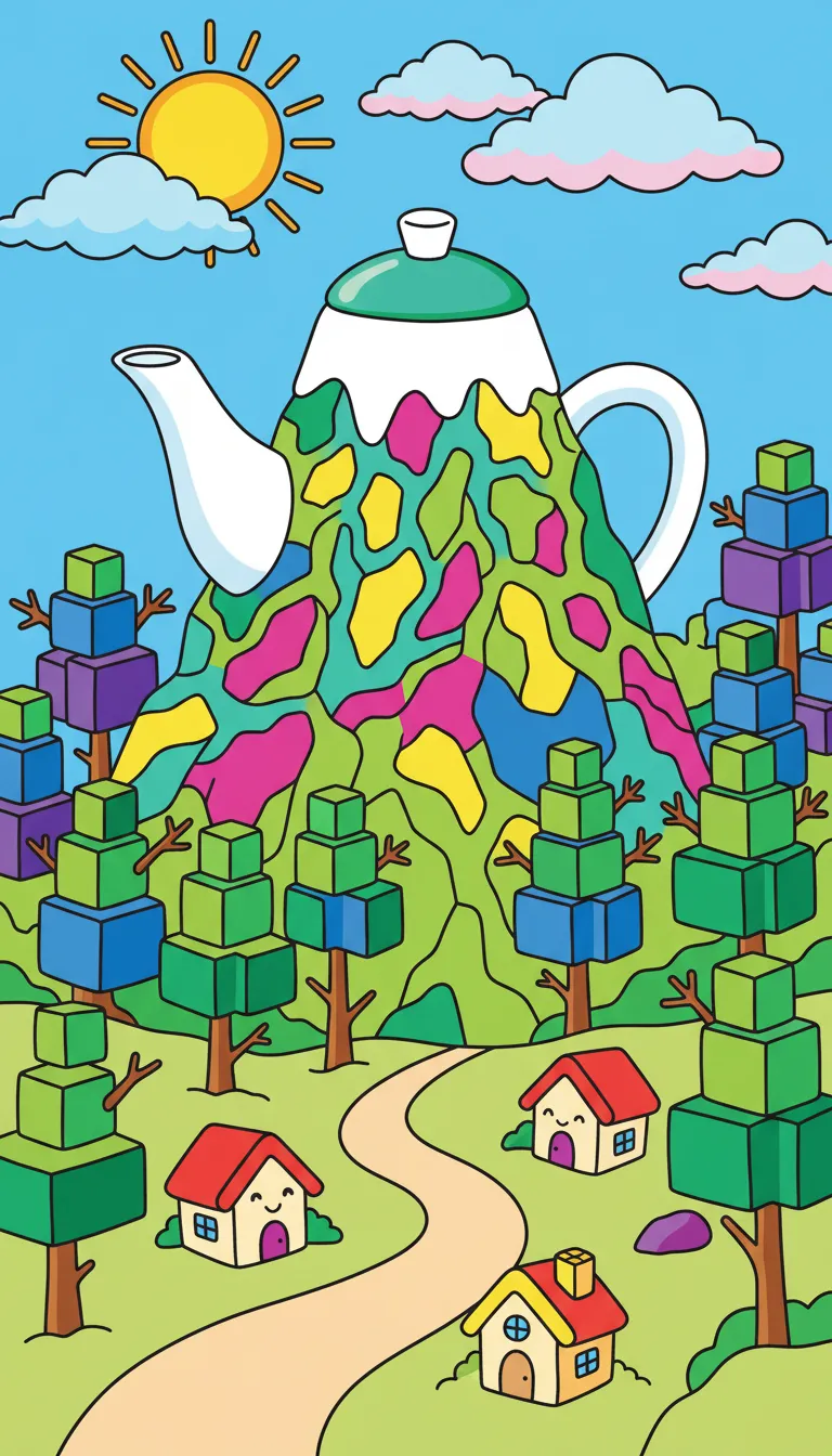 whimsical scene with teapot mountain and sugar cube trees coloring page to print