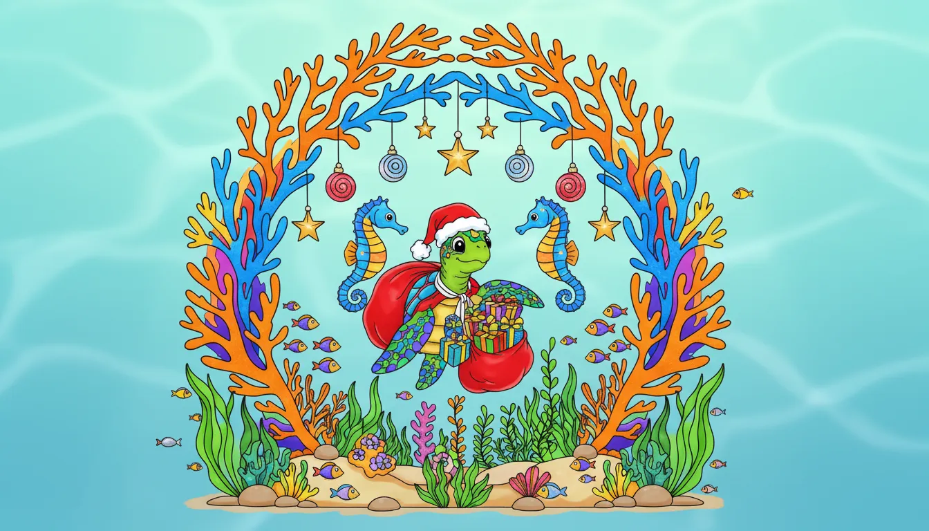 underwater christmas reef with turtle and seahorses coloring page to print