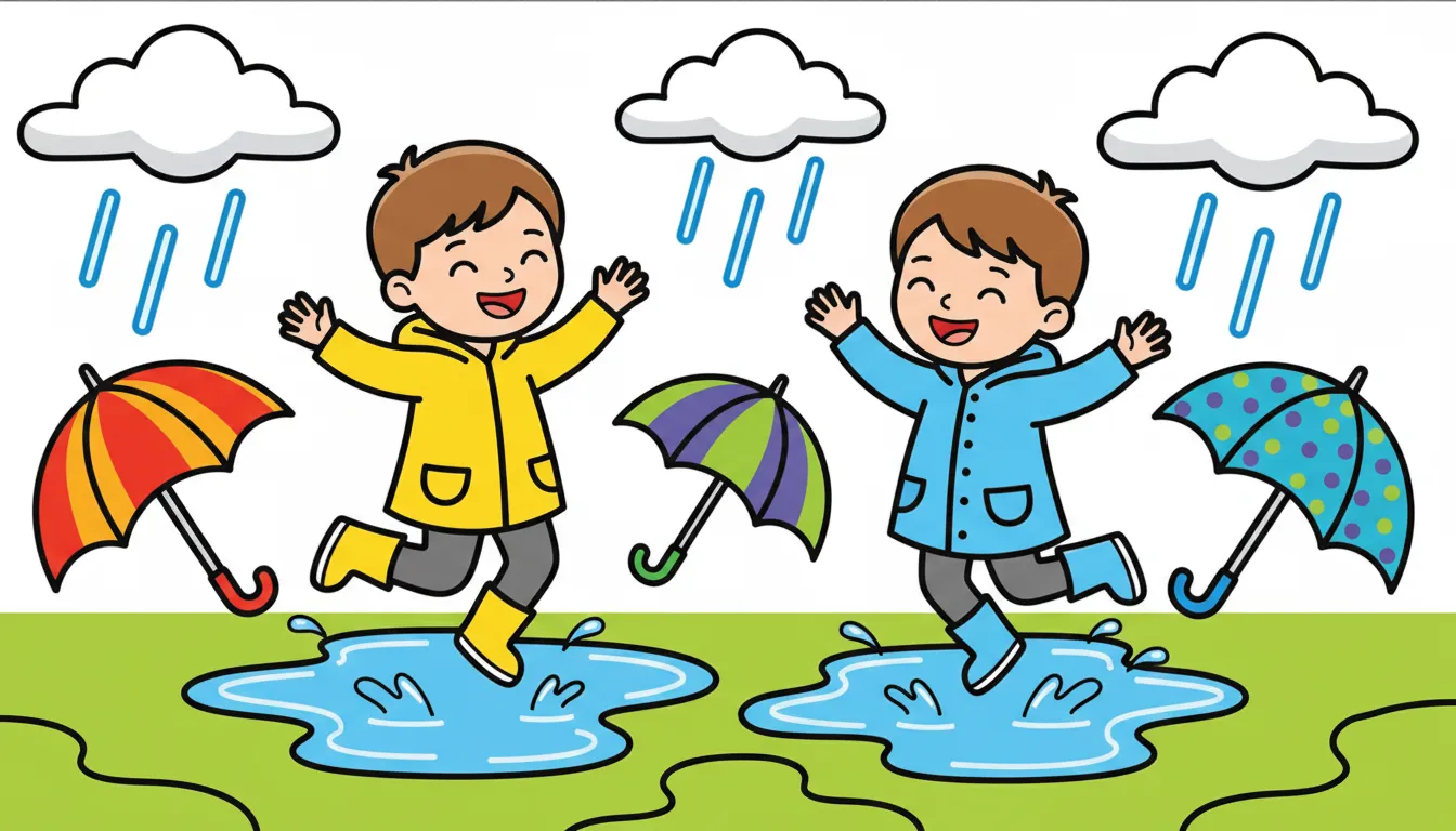Children jumping in puddles after rain coloring page to print