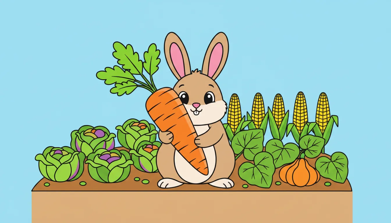 Cute bunny with carrot in garden coloring page to print