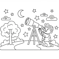 child observing stars through telescope