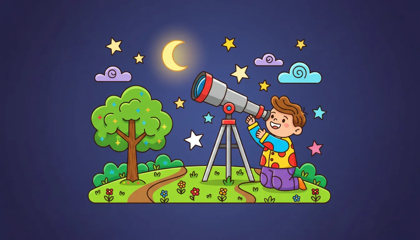 child observing stars through telescope coloring page to print