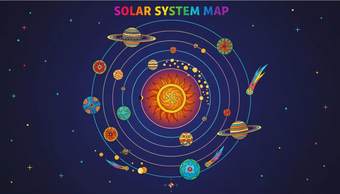 detailed solar system map with planets coloring page to print