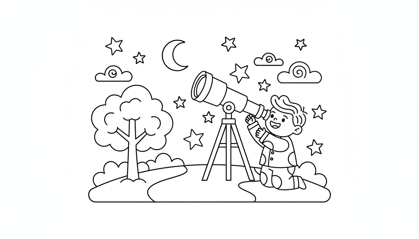 child observing stars through telescope coloring page to print