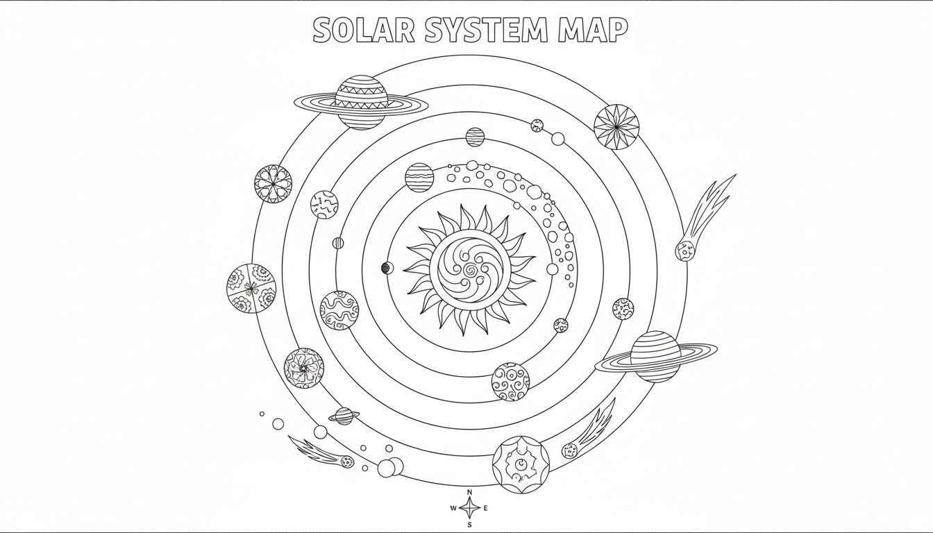 detailed solar system map with planets coloring page to print