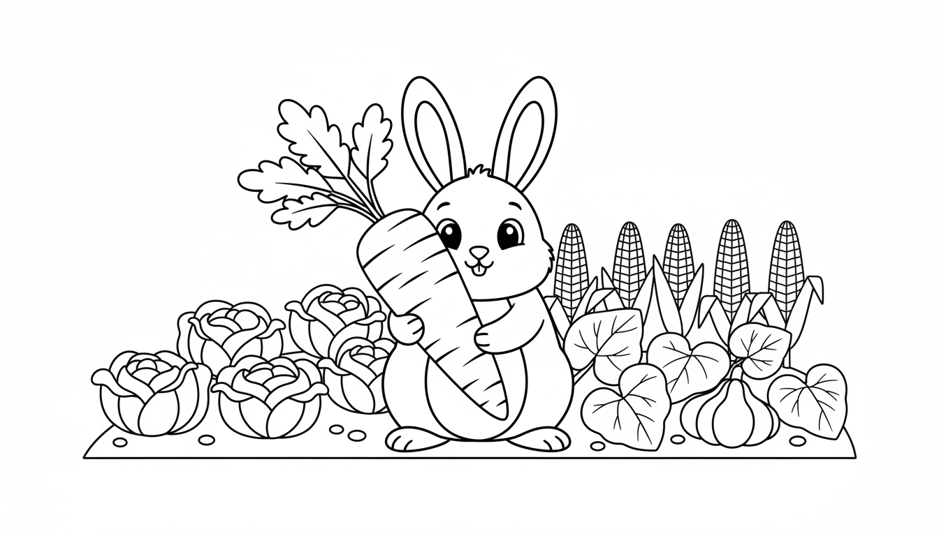 Cute bunny with carrot in garden coloring page to print