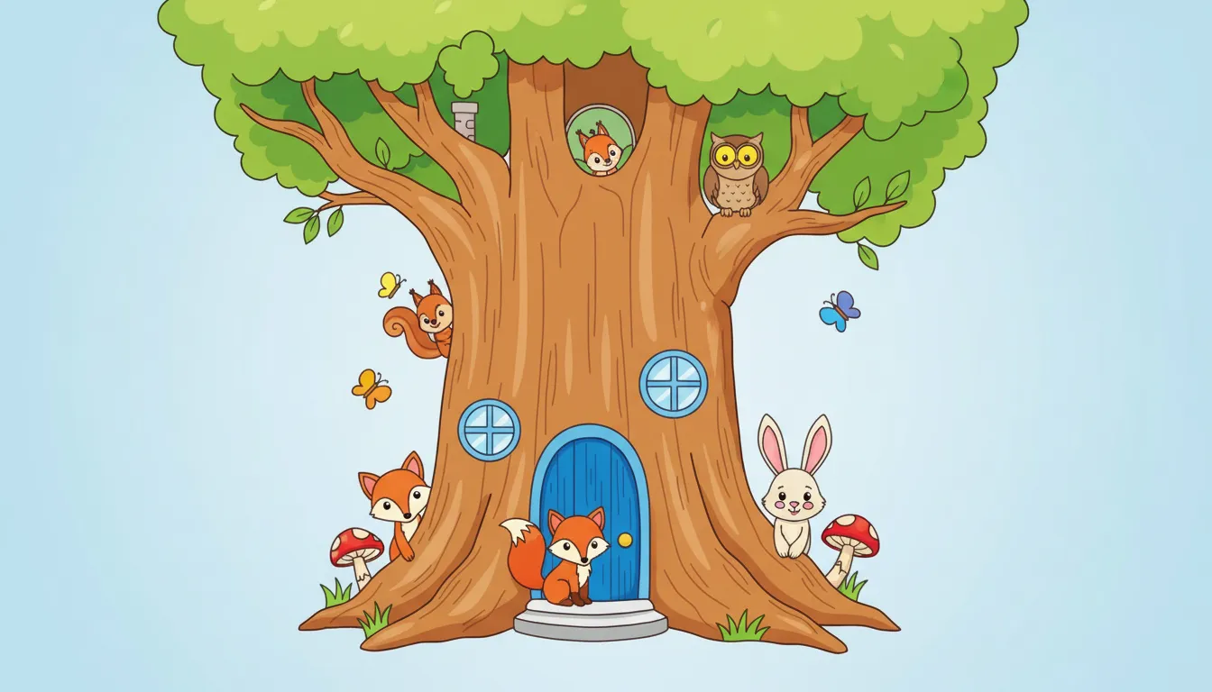whimsical tiny house inside hollow tree coloring page to print