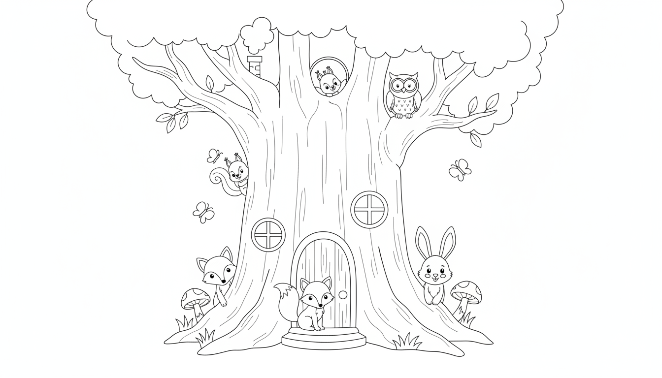 whimsical tiny house inside hollow tree coloring page to print