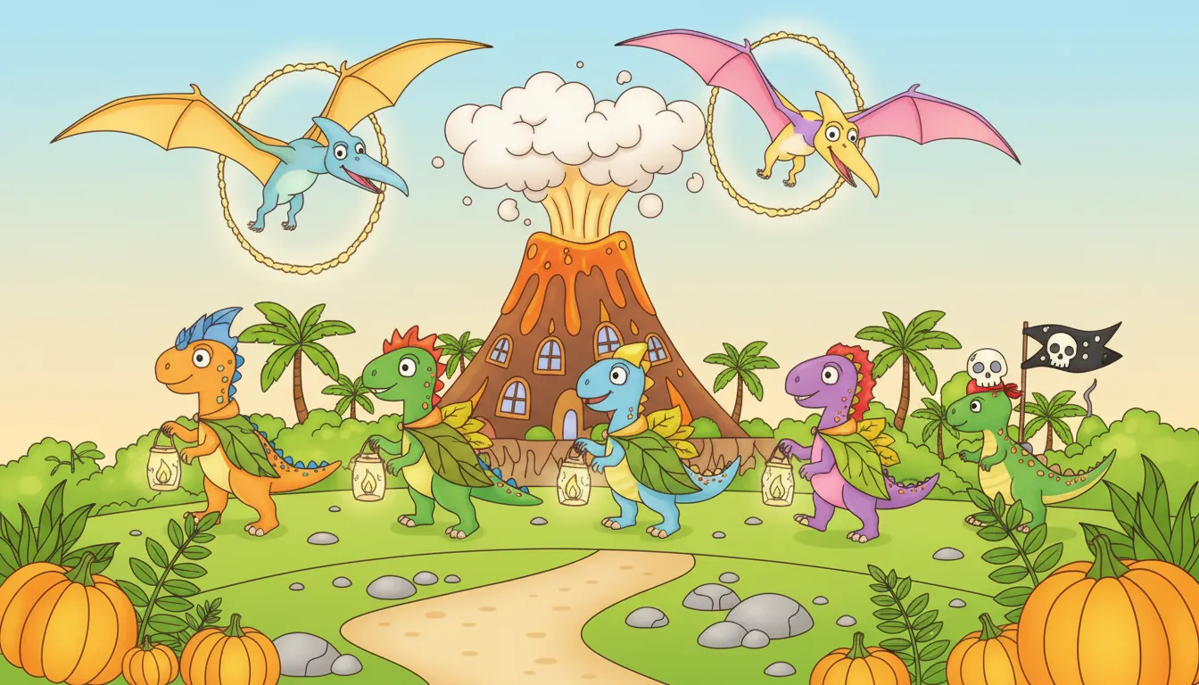 prehistoric halloween parade with feathered dinosaurs coloring page to print