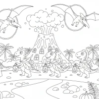 prehistoric halloween parade with feathered dinosaurs