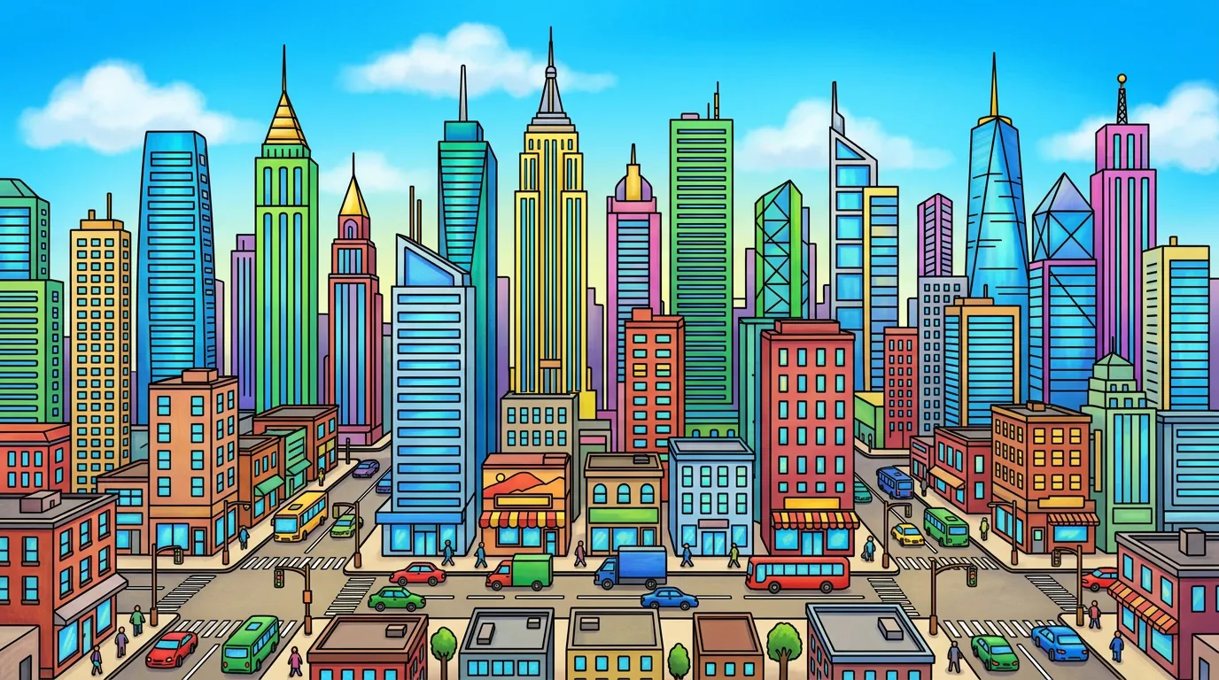 A busy city skyline with skyscrapers and busy streets below. coloring page to print