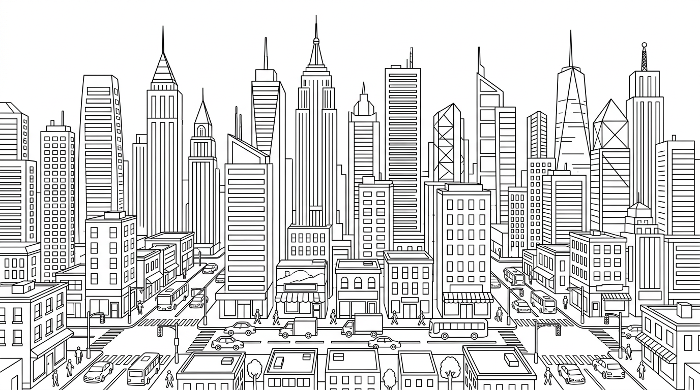 A busy city skyline with skyscrapers and busy streets below. coloring page to print