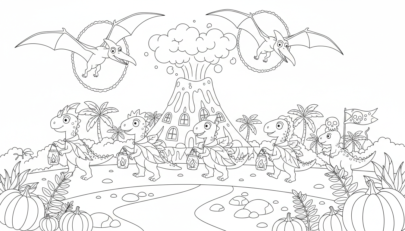 prehistoric halloween parade with feathered dinosaurs coloring page to print
