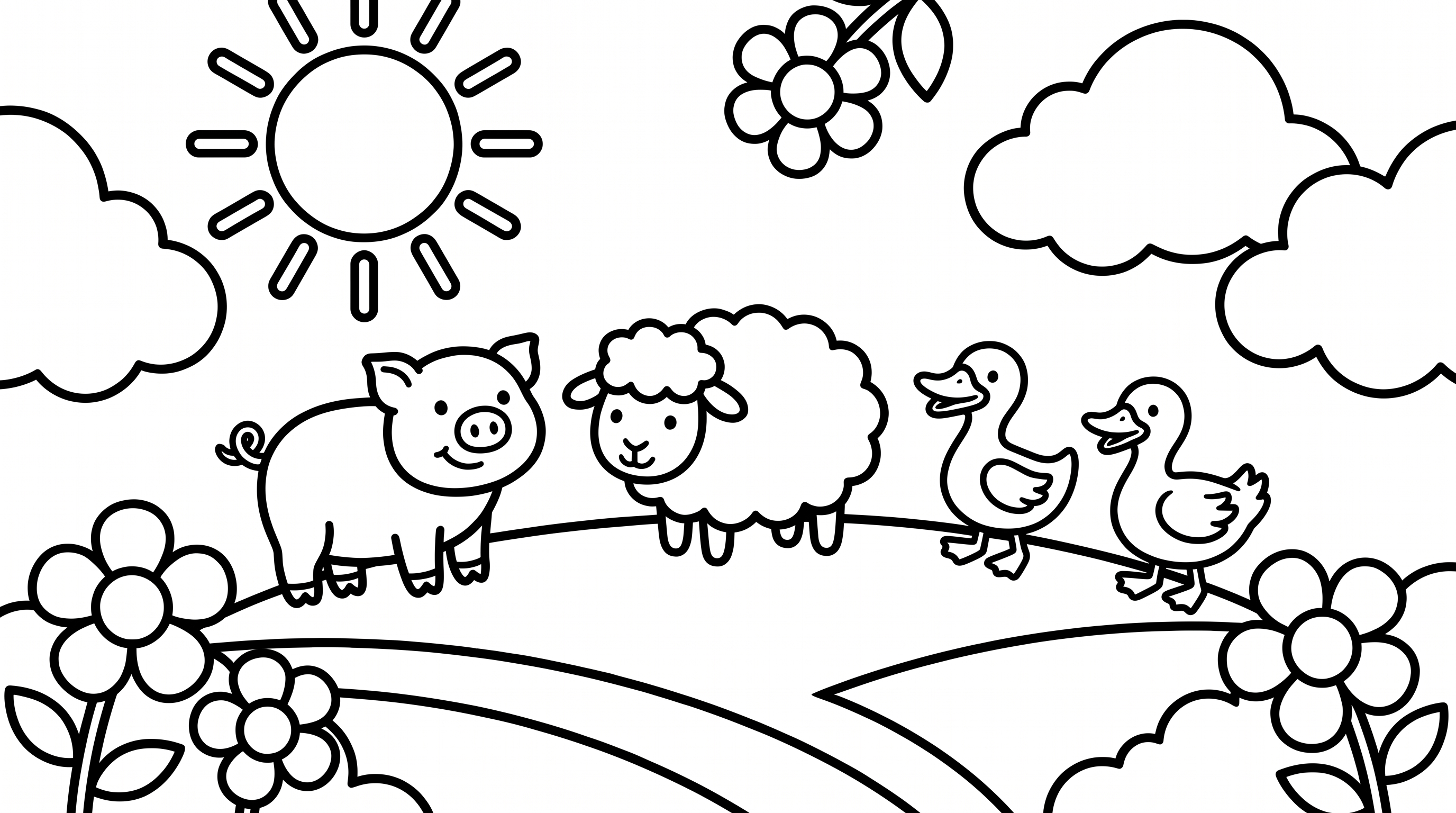 Lively farm animals in a sunny pasture coloring page to print