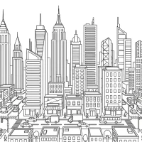 A busy city skyline with skyscrapers and busy streets below.
