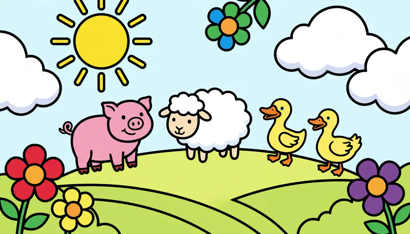 Lively farm animals in a sunny pasture coloring page to print